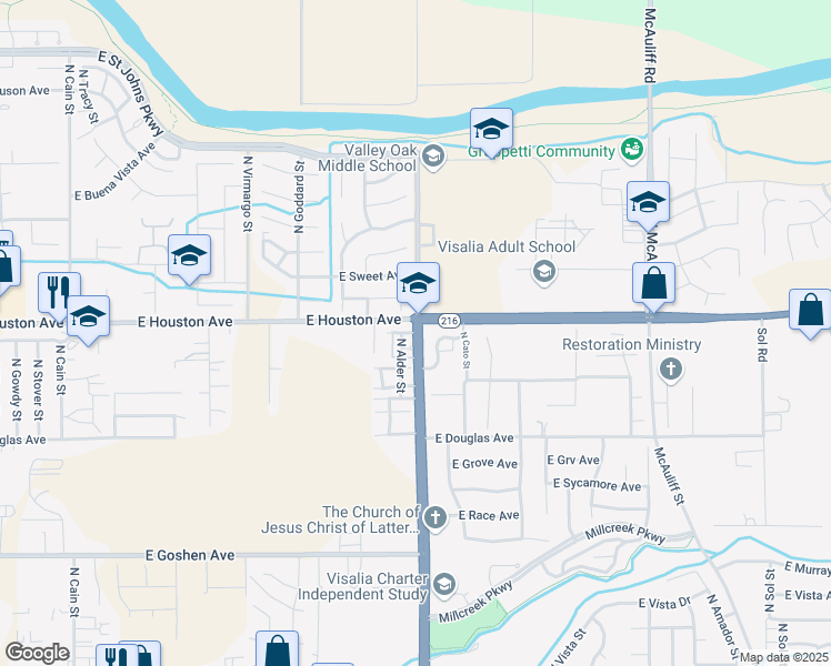 map of restaurants, bars, coffee shops, grocery stores, and more near North Lovers Lane & East Cecil Avenue in Visalia