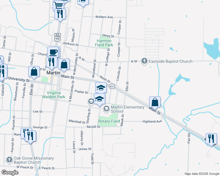 map of restaurants, bars, coffee shops, grocery stores, and more near 509 Main Street in Martin