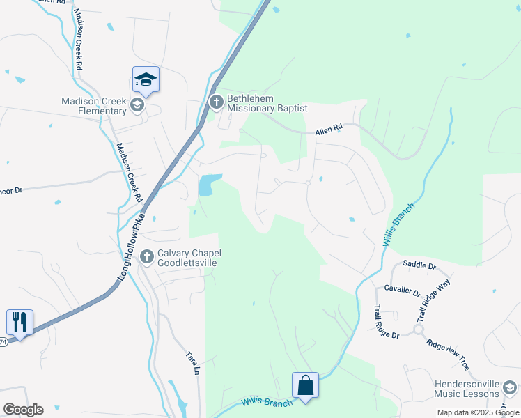 map of restaurants, bars, coffee shops, grocery stores, and more near 107 Crockett Court in Goodlettsville