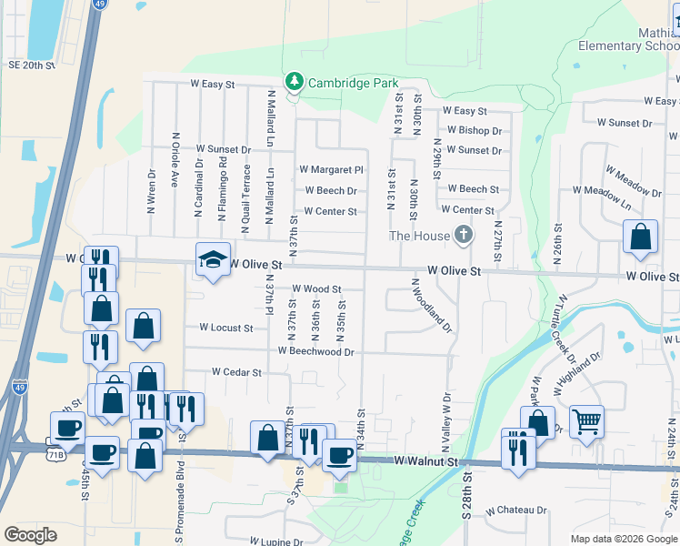 map of restaurants, bars, coffee shops, grocery stores, and more near 3402 West Hemlock Street in Rogers