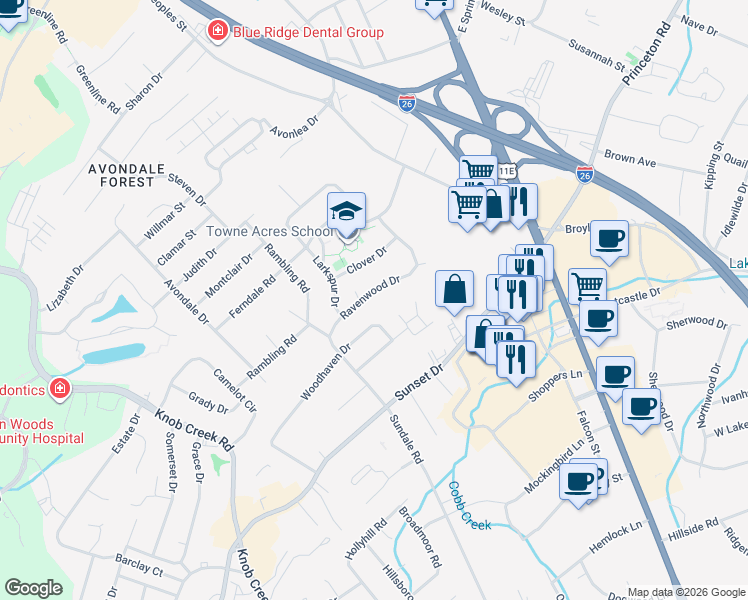 map of restaurants, bars, coffee shops, grocery stores, and more near 509 Ravenwood Drive in Johnson City