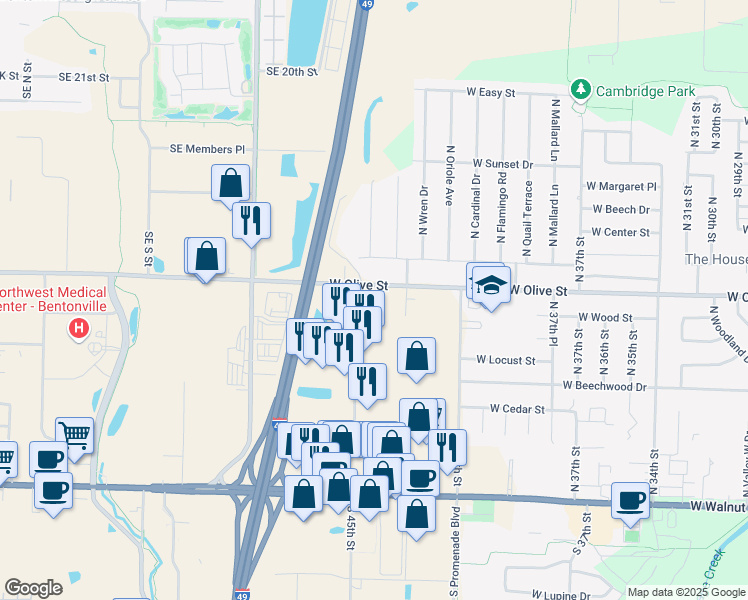 map of restaurants, bars, coffee shops, grocery stores, and more near 798 North 46th Street in Rogers