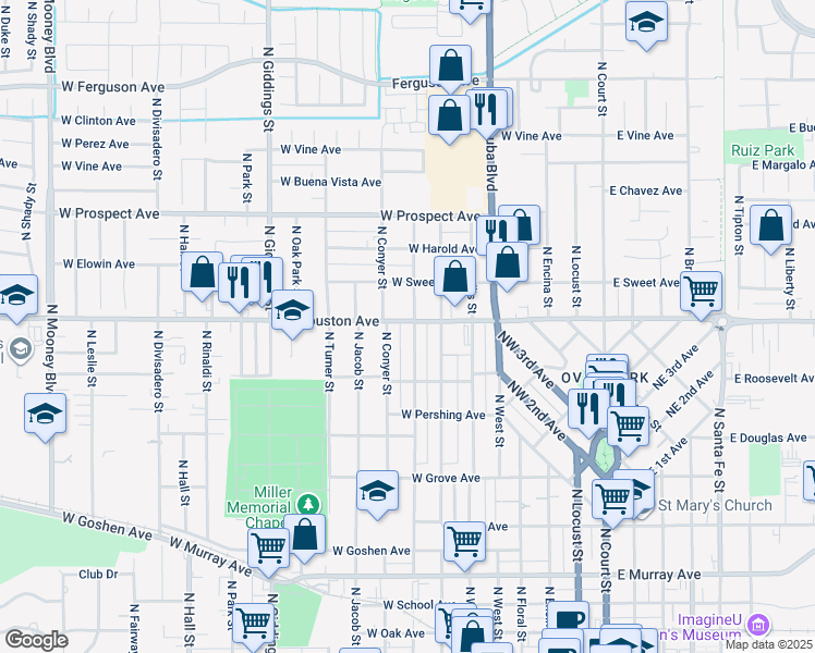 map of restaurants, bars, coffee shops, grocery stores, and more near 726 West Houston Avenue in Visalia