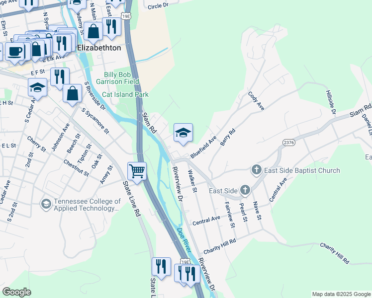 map of restaurants, bars, coffee shops, grocery stores, and more near 800 Siam Road in Elizabethton