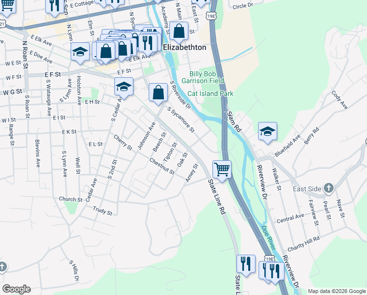 map of restaurants, bars, coffee shops, grocery stores, and more near 906 State Line Road in Elizabethton