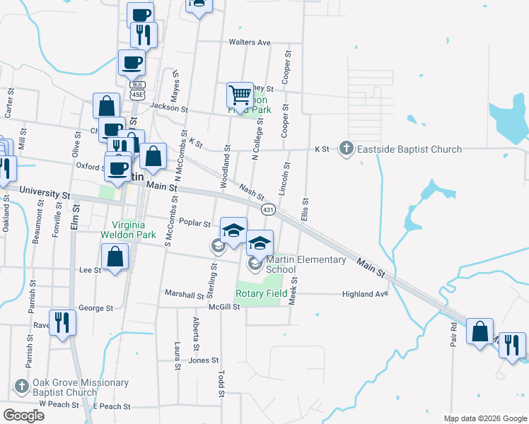 map of restaurants, bars, coffee shops, grocery stores, and more near 509 Main Street in Martin