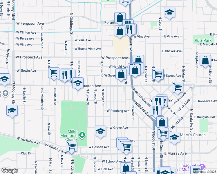 map of restaurants, bars, coffee shops, grocery stores, and more near 726 West Houston Avenue in Visalia