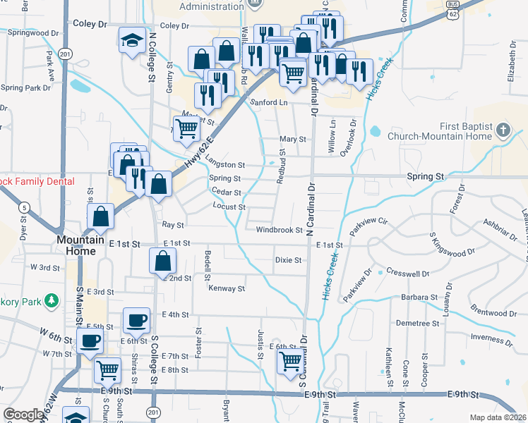 map of restaurants, bars, coffee shops, grocery stores, and more near 807 Locust Street in Mountain Home