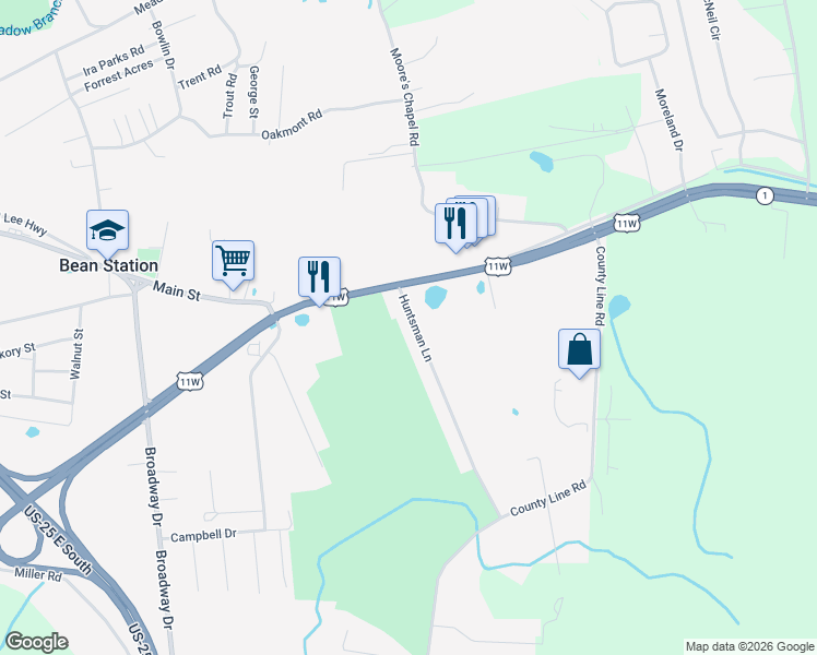 map of restaurants, bars, coffee shops, grocery stores, and more near 170 Huntsman Lane in Bean Station