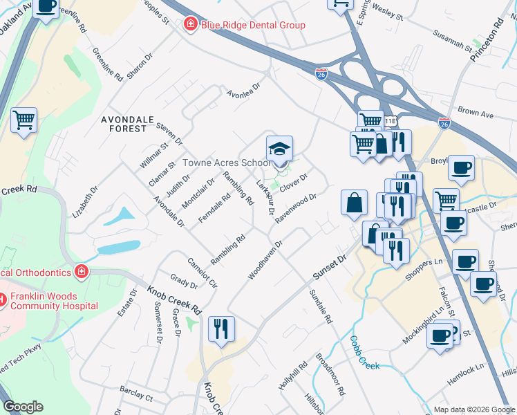 map of restaurants, bars, coffee shops, grocery stores, and more near 2306 Rambling Road in Johnson City