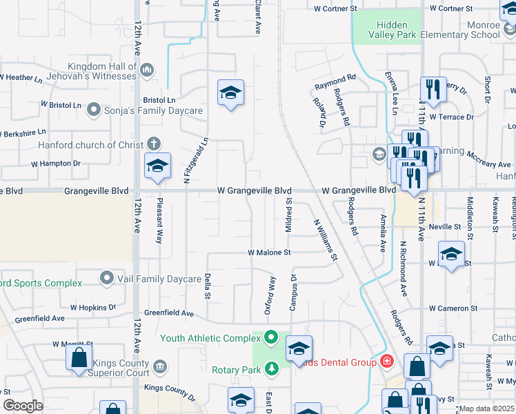 map of restaurants, bars, coffee shops, grocery stores, and more near 1639 University Ave in Hanford