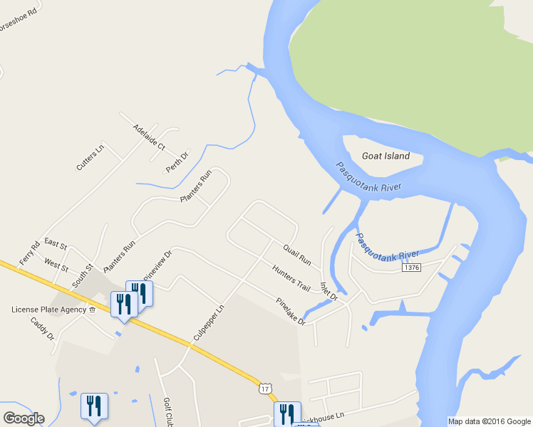 map of restaurants, bars, coffee shops, grocery stores, and more near 114 Hunters Trail West in Elizabeth City