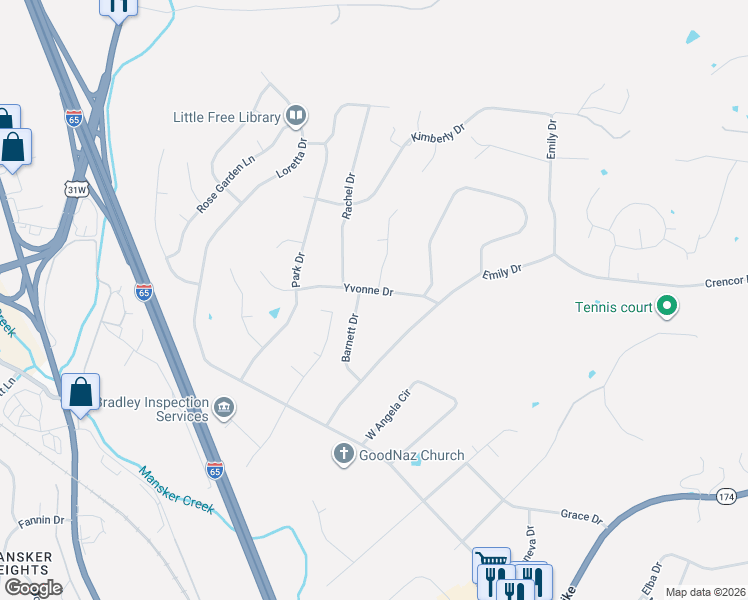 map of restaurants, bars, coffee shops, grocery stores, and more near 614 Yvonne Drive in Goodlettsville