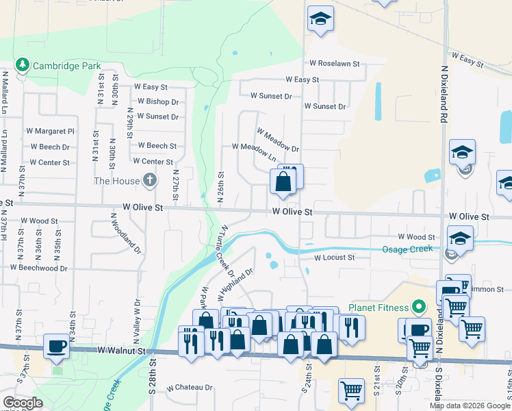 map of restaurants, bars, coffee shops, grocery stores, and more near 805 Turtle Creek Drive in Rogers