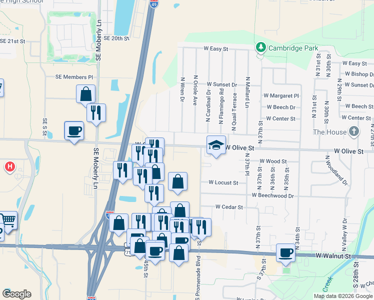 map of restaurants, bars, coffee shops, grocery stores, and more near 4007 West Olive Street in Rogers