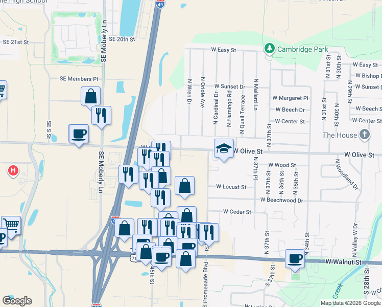 map of restaurants, bars, coffee shops, grocery stores, and more near 4007 West Olive Street in Rogers