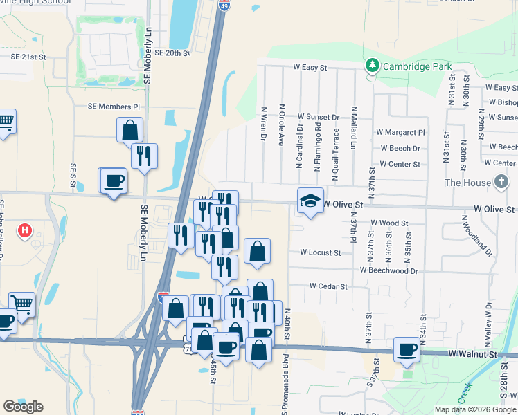 map of restaurants, bars, coffee shops, grocery stores, and more near 4408-4412 W Olive St in Rogers
