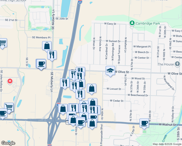 map of restaurants, bars, coffee shops, grocery stores, and more near 4408-4412 W Olive St in Rogers