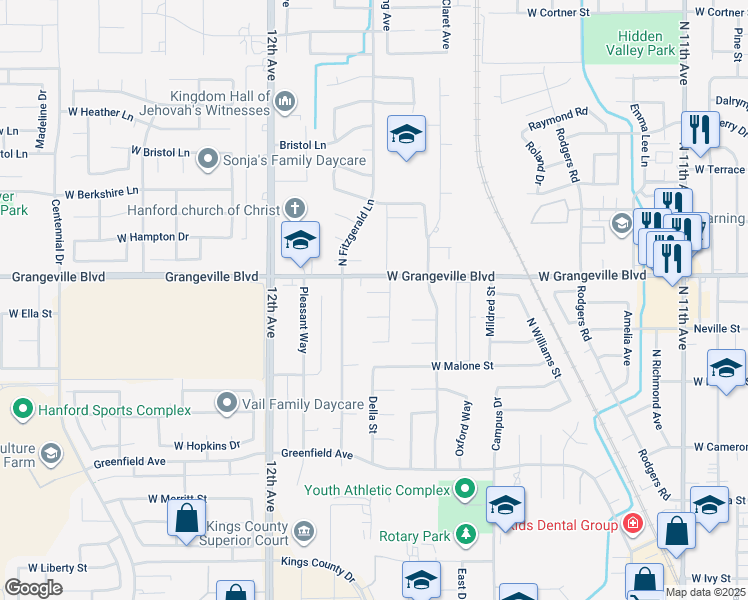 map of restaurants, bars, coffee shops, grocery stores, and more near 1435 Cambridge Court in Hanford