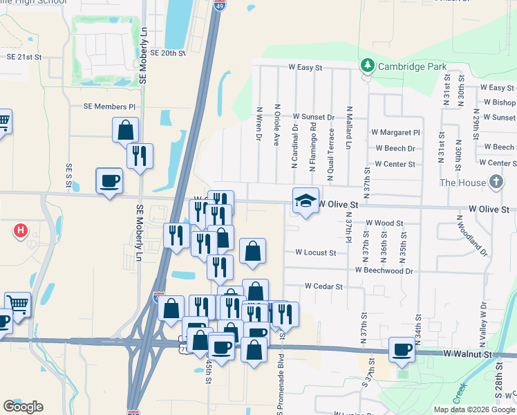 map of restaurants, bars, coffee shops, grocery stores, and more near 4007 West Olive Street in Rogers