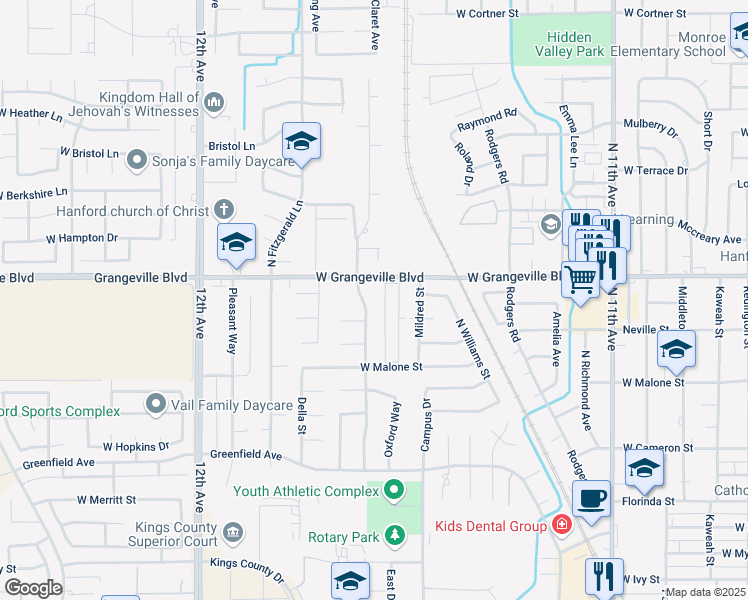 map of restaurants, bars, coffee shops, grocery stores, and more near 1639 University Ave in Hanford