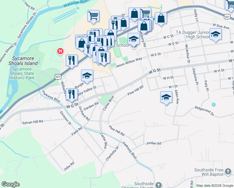 map of restaurants, bars, coffee shops, grocery stores, and more near 300 Carter Boulevard in Elizabethton
