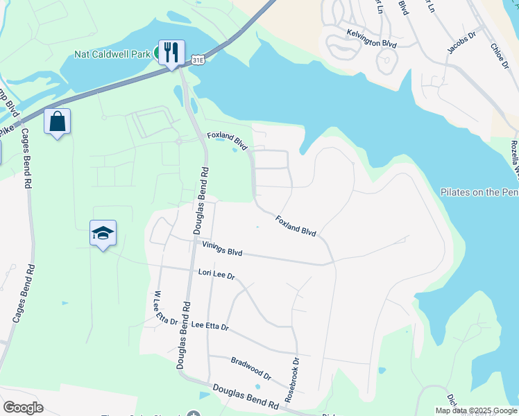 map of restaurants, bars, coffee shops, grocery stores, and more near Foxland Boulevard in Gallatin