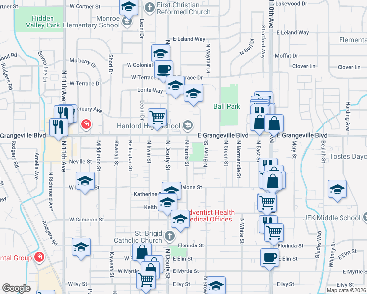 map of restaurants, bars, coffee shops, grocery stores, and more near 1600 North Harris Street in Hanford