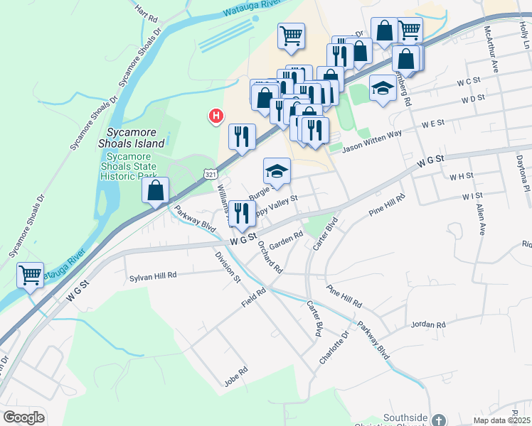 map of restaurants, bars, coffee shops, grocery stores, and more near 1322 Happy Valley Street in Elizabethton