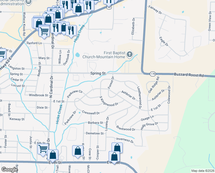 map of restaurants, bars, coffee shops, grocery stores, and more near 100 Forest Dr in Mountain Home