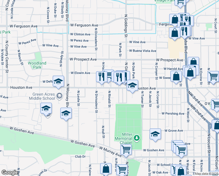 map of restaurants, bars, coffee shops, grocery stores, and more near West Houston Avenue & North Rinaldi Street in Visalia