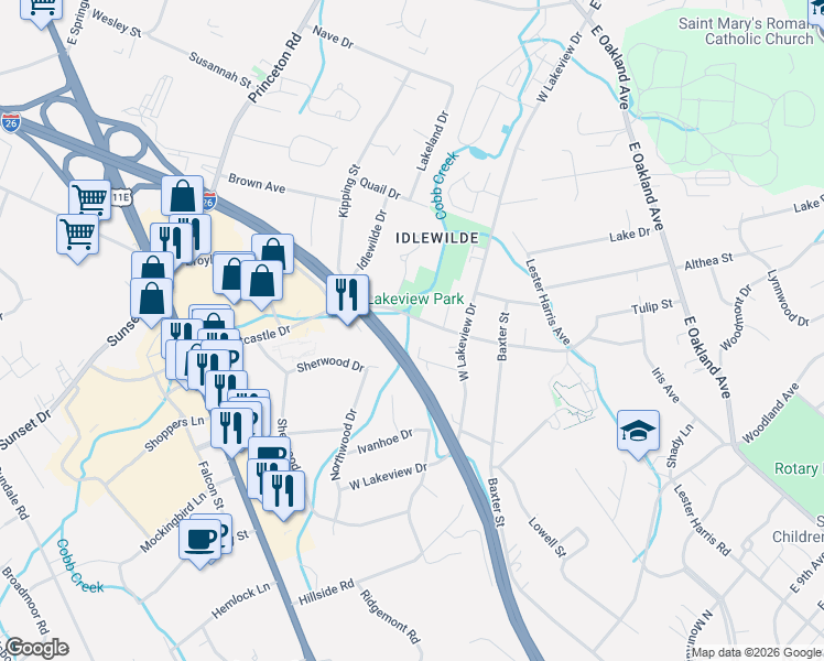 map of restaurants, bars, coffee shops, grocery stores, and more near 604 East Mountcastle Drive in Johnson City