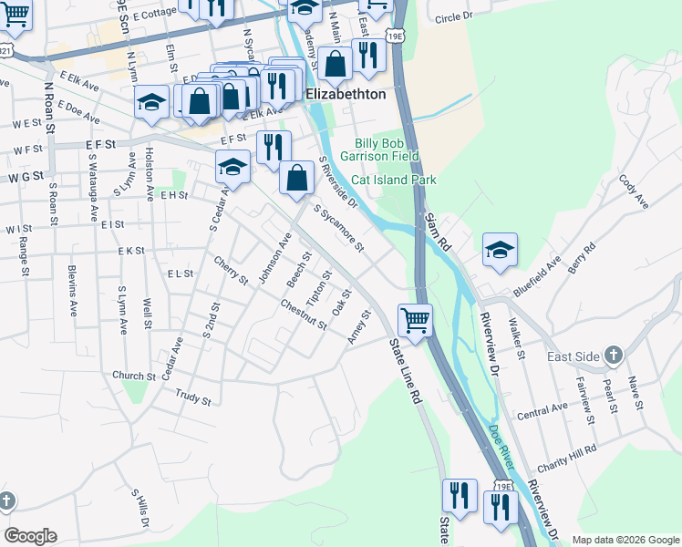 map of restaurants, bars, coffee shops, grocery stores, and more near 906 State Line Road in Elizabethton