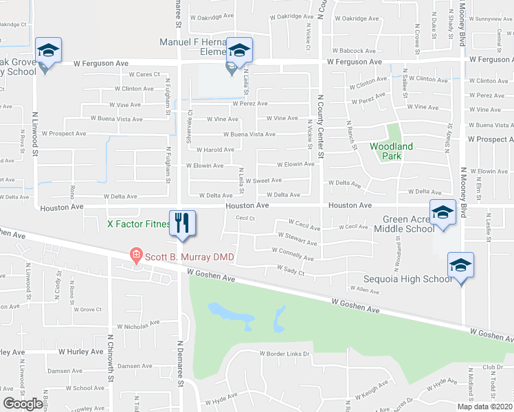 map of restaurants, bars, coffee shops, grocery stores, and more near Houston Ave & N Mendonca St in Visalia