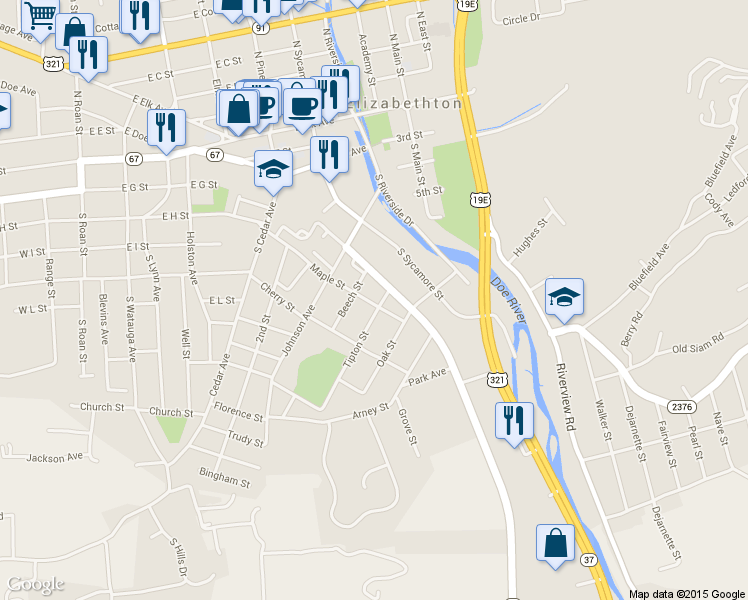 map of restaurants, bars, coffee shops, grocery stores, and more near 709 Tipton Street in Elizabethton