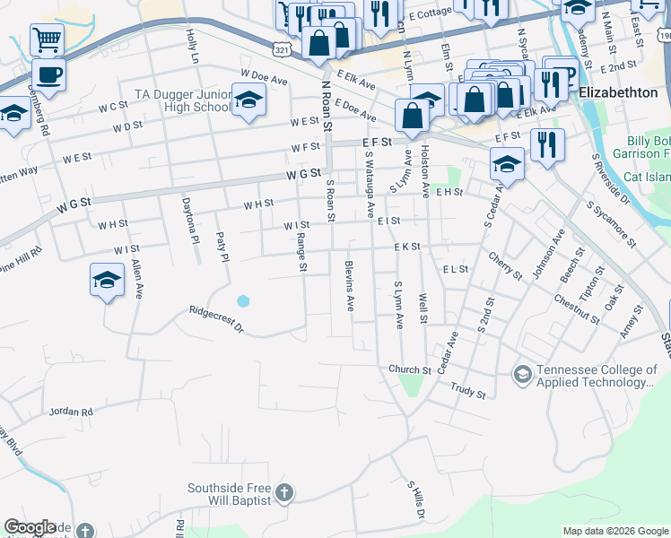 map of restaurants, bars, coffee shops, grocery stores, and more near 509 Blevins Avenue in Elizabethton
