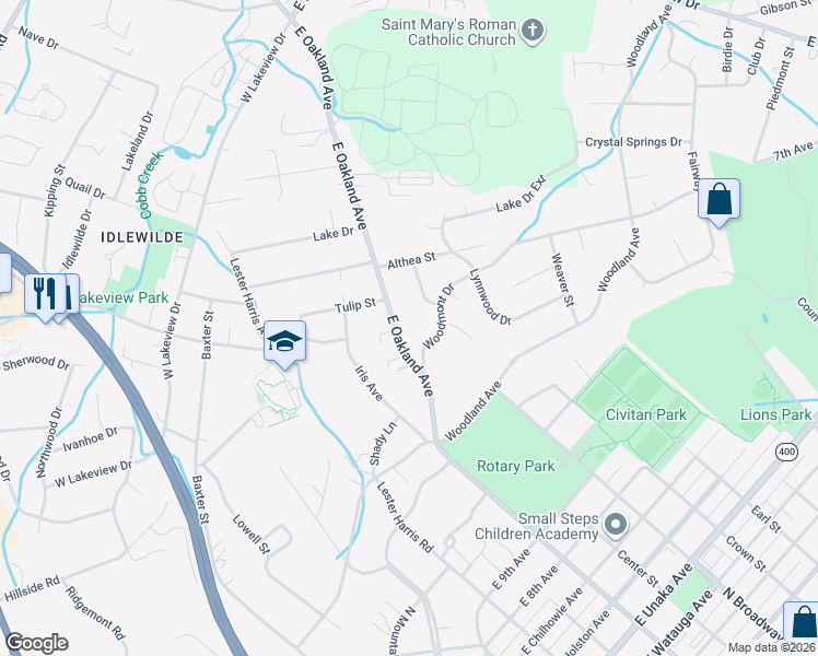 map of restaurants, bars, coffee shops, grocery stores, and more near 1107 Woodmont Drive in Johnson City