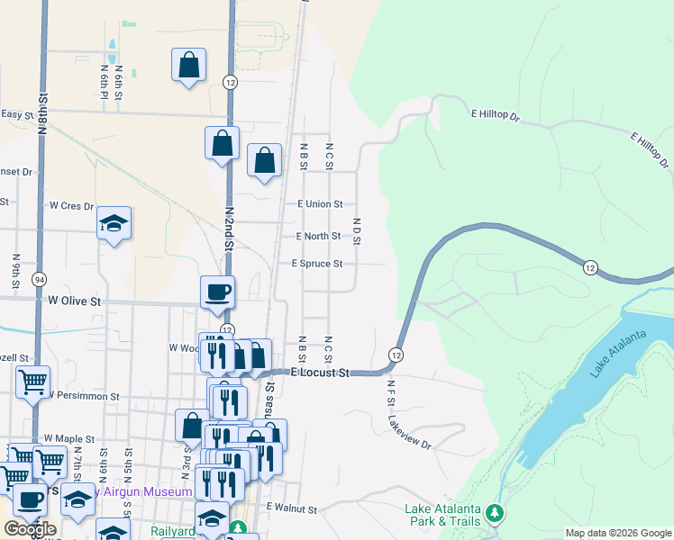 map of restaurants, bars, coffee shops, grocery stores, and more near 402 E Spruce St in Rogers