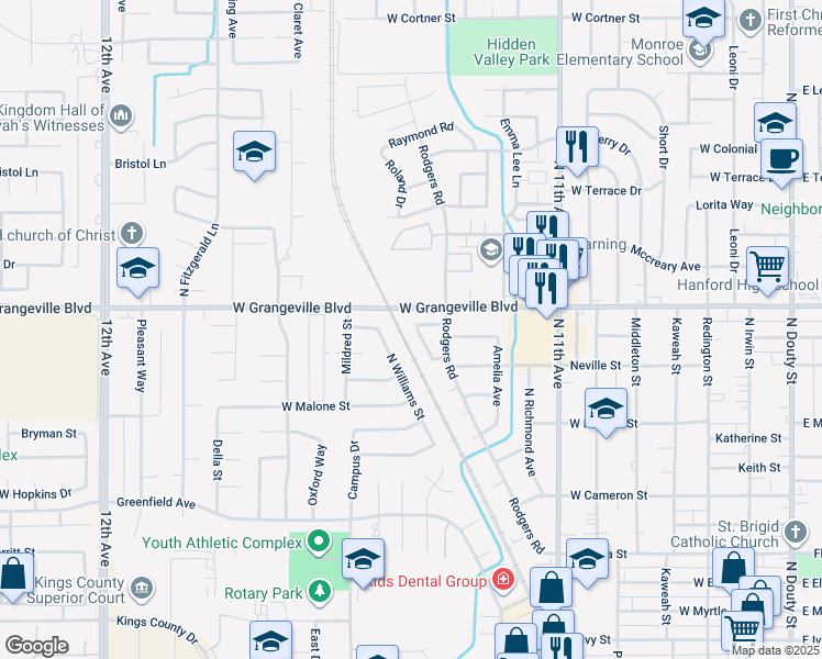 map of restaurants, bars, coffee shops, grocery stores, and more near 1536 Thornton Street in Hanford