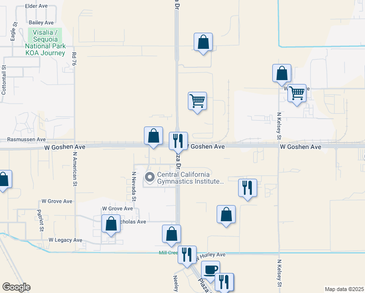 map of restaurants, bars, coffee shops, grocery stores, and more near 9285 West Goshen Avenue in Visalia