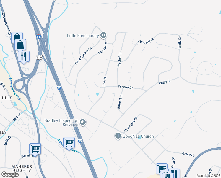 map of restaurants, bars, coffee shops, grocery stores, and more near 716 Yvonne Drive in Goodlettsville