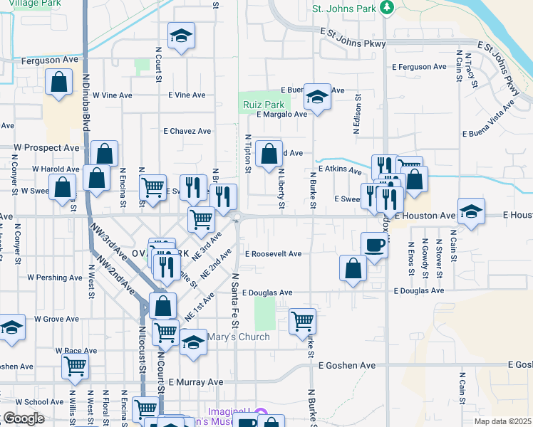 map of restaurants, bars, coffee shops, grocery stores, and more near 624 Ivanhoe Drive in Visalia