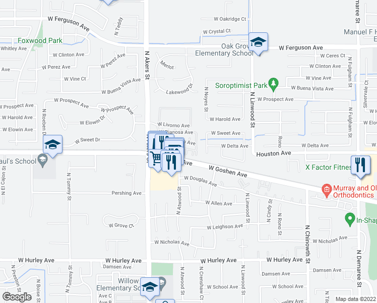 map of restaurants, bars, coffee shops, grocery stores, and more near 1420 North Asciano Court in Visalia