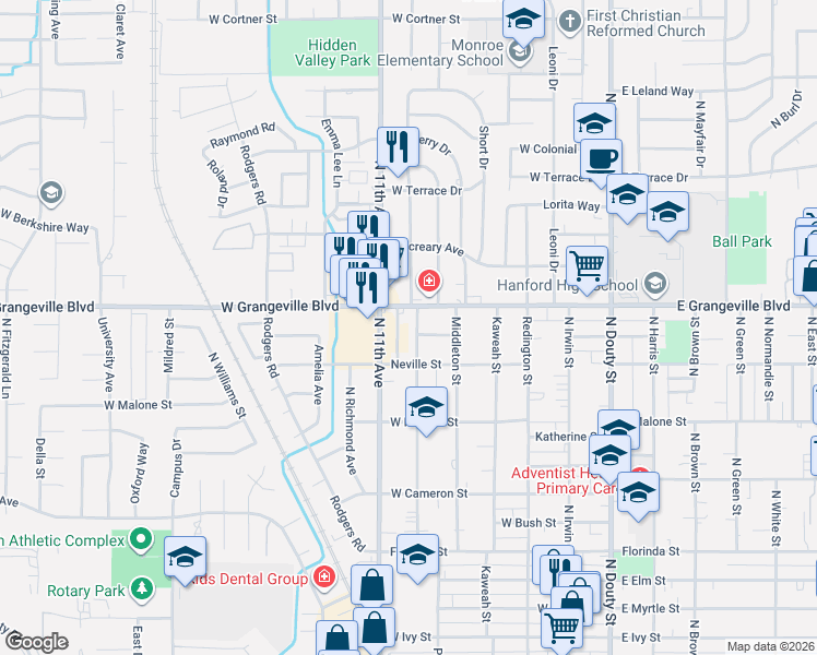 map of restaurants, bars, coffee shops, grocery stores, and more near 1601 Whitmore Street in Hanford