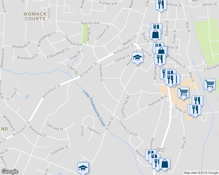 map of restaurants, bars, coffee shops, grocery stores, and more near 1215 Crescent Drive in Reidsville