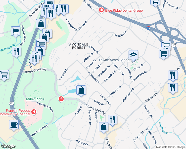 map of restaurants, bars, coffee shops, grocery stores, and more near 719 Judith Dr in Johnson City
