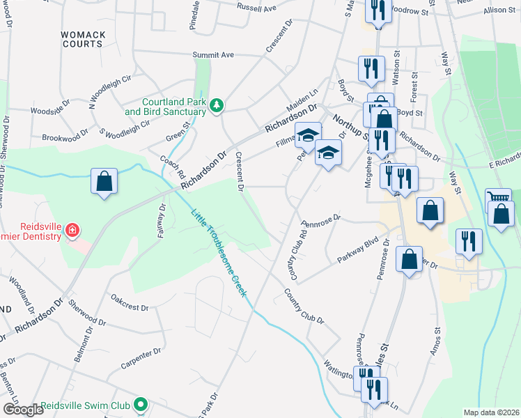 map of restaurants, bars, coffee shops, grocery stores, and more near 1215 Crescent Drive in Reidsville