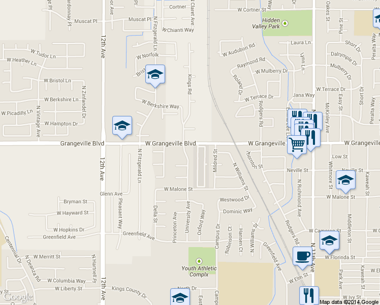 map of restaurants, bars, coffee shops, grocery stores, and more near 1639 University Avenue in Hanford