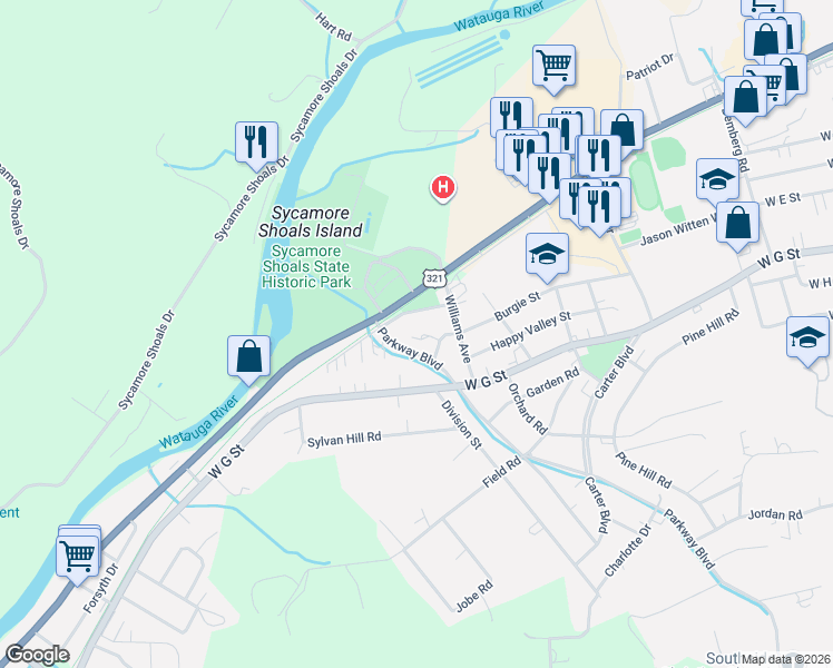 map of restaurants, bars, coffee shops, grocery stores, and more near 1615 Burgie St in Elizabethton