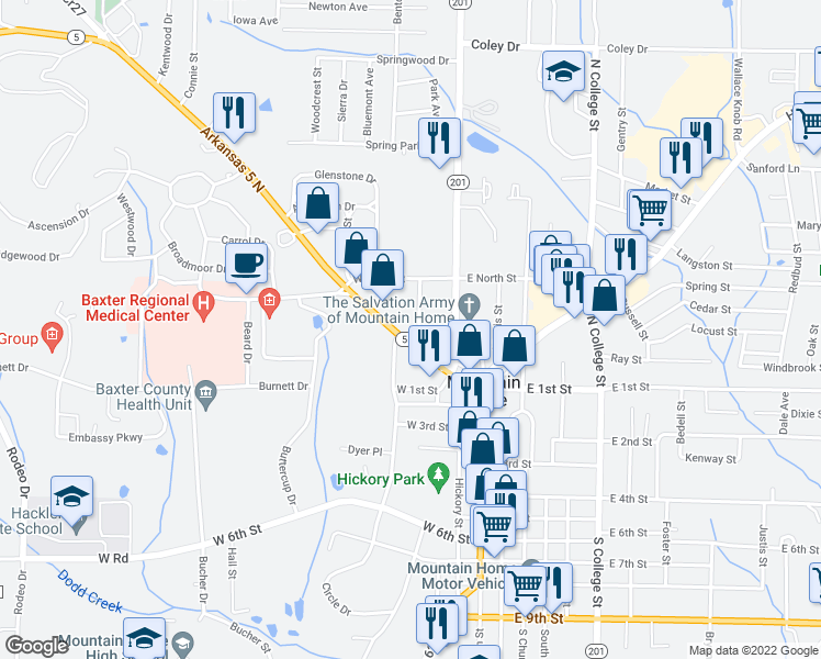 map of restaurants, bars, coffee shops, grocery stores, and more near 333 County Road 5 in Mountain Home
